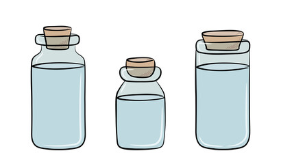 A selection of colorful glass jars with liquid inside, outlined in black. The jar is closed with a cork stopper.