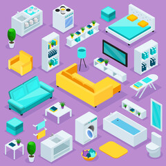 Isometric set of office furniture. Bright furniture for employees and entrepreneurs. Vector illustration on bright background.