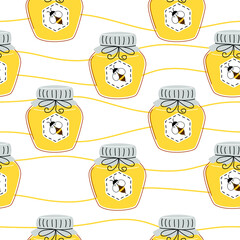 Seamless pattern with Honey jar and bee on striped background. Vector illustration.