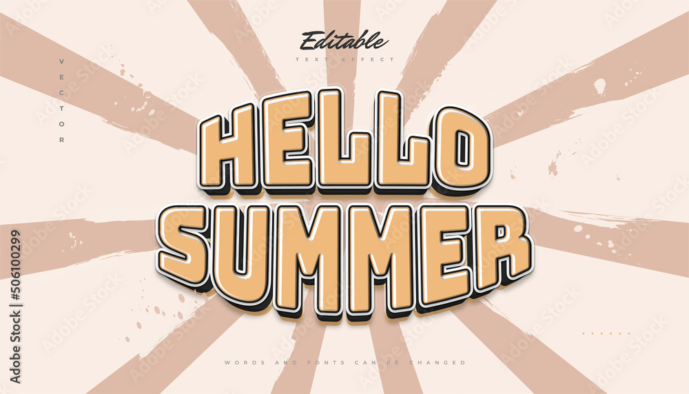 Wall mural hello summer text in vintage style with 3d cartoon effect. editable text style effect