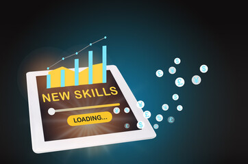 New skills loading on digital computer tablet with growth graph. Reskilling and upskilling concept and technology transformation learning model idea
