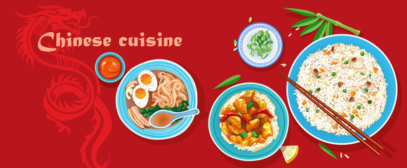 Chinese food, vector illustration with typical Chinese food as rise, noddle's, sweet and sur meat. Vector illustration on white background