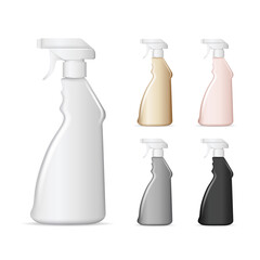 Set of realistic white plastic bottles for liquid laundry detergent, bleach, fabric softener, dishwashing liquid or another cleaning agent. Easy to place your text and brand logo. Vector illustration