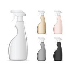 Set of realistic white plastic bottles for liquid laundry detergent, bleach, fabric softener, dishwashing liquid or another cleaning agent. Easy to place your text and brand logo. Vector illustration