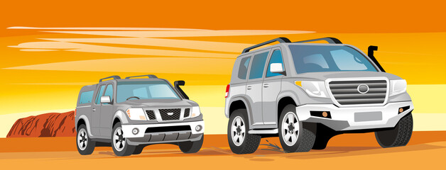 Off-road truck on the road. Australian landscape. vector poster
