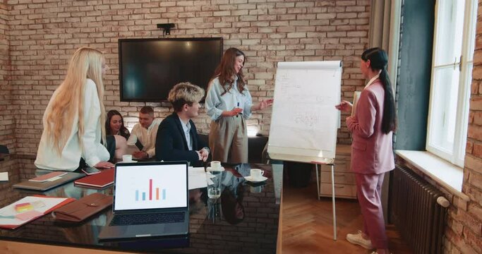 OFFICE PRESENTATION Happy young business people work together with beautiful young female boss at flipchart slow motion.