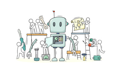 people and assembled cute robot construction.