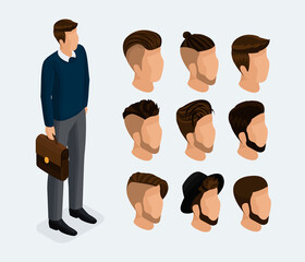 Isometric set of fashionable hairstyles for a man, a businessman. Male head in 3D for character animation. Stylish hairstyles, styling, hair color for men. Vector illustration.
