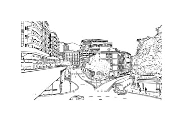 Building view with landmark of Manako is the village in Mali. Hand drawn sketch illustration in vector.