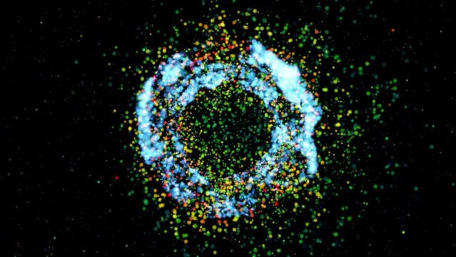 A futuristic black hole emitting a magnetic field of multi-colored particles in the rays of neon light. Space background, abstract animation. Nobel Prize. 3D. 4K. Isolated black background.
