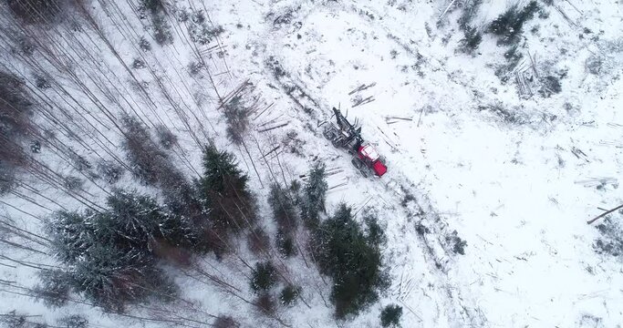 An aerial view of a small clear-cut area after deforestation with a red forwarder collecting timber on winter day in European forest, Estonia.	