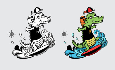 Illustration of isolated colorful and black and white alligator for coloring book