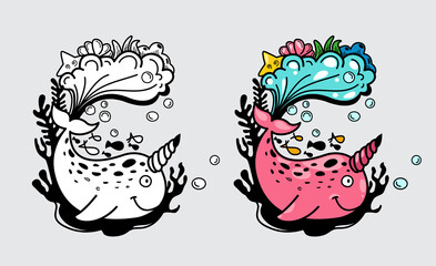 Illustration of isolated colorful and black and white narwhal for coloring book