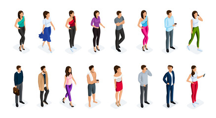Fototapeta na wymiar Fashion isometric people, men, and women 3D, front view back view. People in fashionable clothes, in different poses. Vector illustration. 