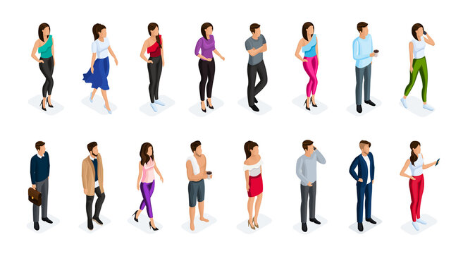 Fashion isometric people, men, and women 3D, front view back view. People in fashionable clothes, in different poses. Vector illustration.
