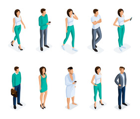 Trendy isometric people set. 3D woman with a phone in different poses on a light background. Vector illustration