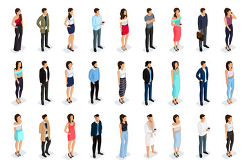Fashion isometric people, men, and women 3D, front view back view. People in fashionable clothes, in different poses. Vector illustration.
