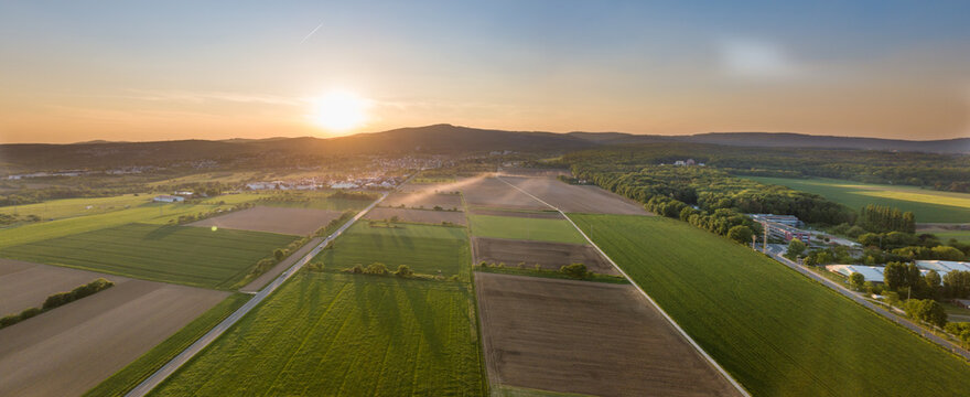 Aerial drone view of Agriculture fields of the Taunus between Steinbach and Kronberg in the Taunus