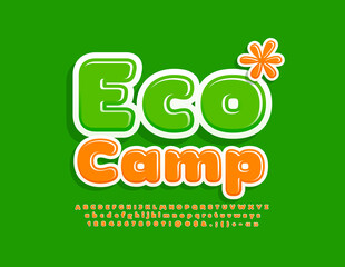 Vector colorful Emblem Eco Camp. Kids Orange Font. Creative set of Alphabet Letters and Numbers