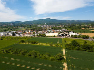 Aerial drone view of farmland of the Taunus in Hessen, Germany