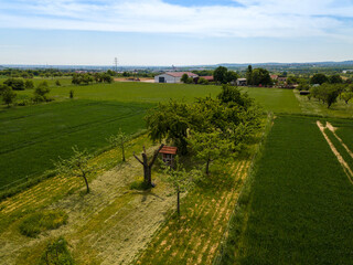 Aerial drone view of farmland of the Taunus in Hessen, Germany