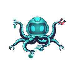 Robotic octopus mascot with science gear on its tentacles.