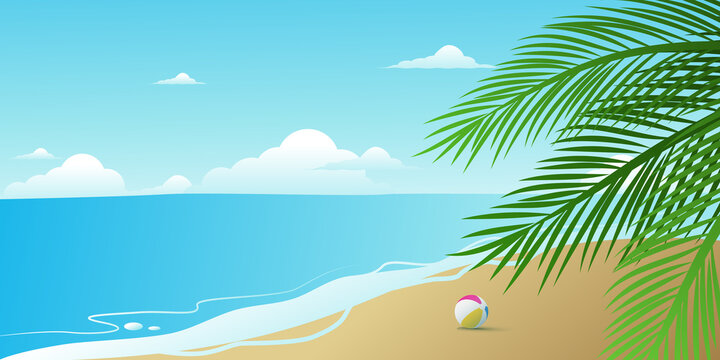 Summer beach background with palm leaves and ball.