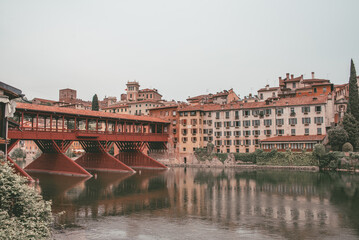 View of the Alpini Bridge with the Brenta River in Bassano del Grappa, Vicenza, Veneto, Italy, Europe