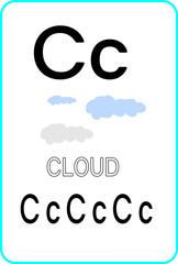 English alphabet letters for pre school and kindergarten. Learning the letter C. Cartoon cloud. Worksheet for toddlers.