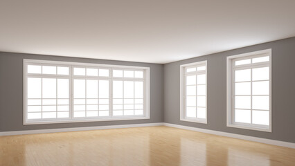 Empty Room Corner with Gray Walls, Three Large White Windows, Light Glossy Parquet Floor and a White Plinth. Perspective View. 3d illustration with a Work Path on the Windows. 8K Ultra HD, 7680x4320