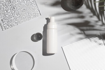 mockup of perfume skin care bottle cosmetic tube of beauty makeup facial, treatment cleanser face foam, beauty healthcare branding packaging in water splash