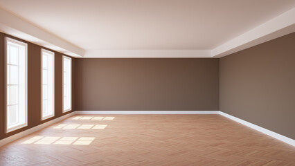 Empty Sunlit Room with Brown Walls, Three Large Windows, Cornice, Parquet Floor and a White Plinth. 3d render with a Work Path on the Windows. 8K Ultra HD, 7680x4320