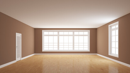 Empty Interior with Brown Walls, Light Parquet Floor, Large Full Wall Window, a White Door and a Window Opposite, Interior Concept. 3D render with a Work Path on the Windows. 8K Ultra HD 7680x4320