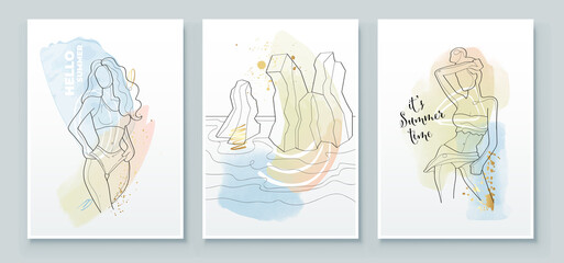 Summer tropical wall arts background. Girl in swimsuit, reef rock surf, line arts. Watercolor background design for wall framed prints, canvas prints, poster, home decor, t shirt, wallpaper