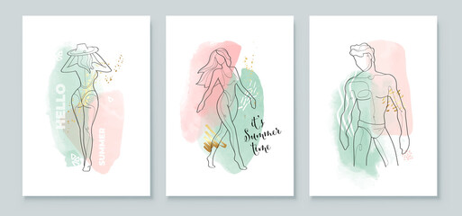 Summer tropical wall arts background. Girl with hat in swimsuit, guy in swimsuit, line arts. Watercolor background design for wall framed prints, canvas prints, poster, home decor, t shirt, wallpaper