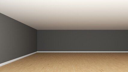Empty Room Interior Corner without Furniture, Frontal View. Room Concept with a Dark Grey Walls, White Ceiling, Wooden Parquet Floor and a White Plinth. 3d Rendering, 8K Ultra HD, 7680x4320, 300 dpi