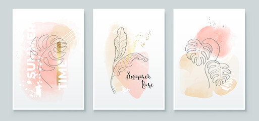 Summer tropical wall arts background. Palm leaves, banana leaf, monstera leaf, line arts. Watercolor background design for wall framed prints, canvas prints, poster, home decor, t shirt, wallpaper © great_bergens