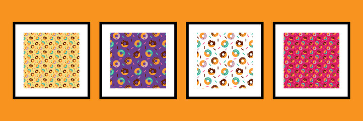 Bright purple and chocolate donuts seamless pattern set. Vector illustration of sweet desserts. For magazine, book,card, menu cover, web pages