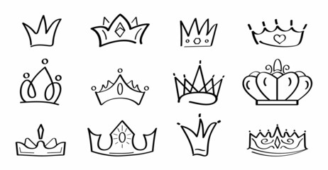 Crowns vector set in doodle style. King and queen crown as sketch. Outlines royal family signs. Simple diadems for princess. © passionart