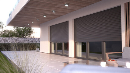 Window roller illustration - modern house with terrace, 3D illustration - obrazy, fototapety, plakaty