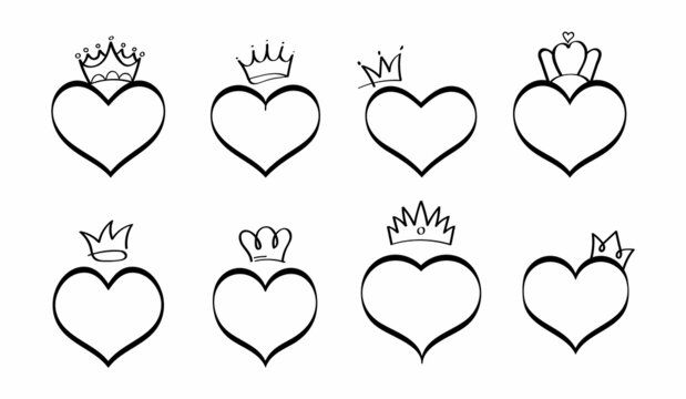 Crowned hearts vector set in sketch style. Hand drawn monrah, princess symbol, like line art heart