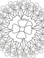 Outline vector drawing of flowers for adult coloring books. Page of floral pattern in black and white