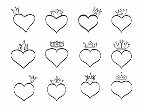 Crowned hearts vector set in sketch style. Hand drawn monrah, princess symbol, like line art heart