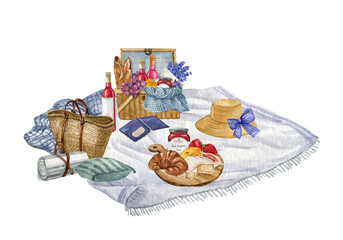 Watercolor picnic illustration with wicked basket, food, vine, cheese on a white blanket, romantic postcard. Provance lavender field, summertime background