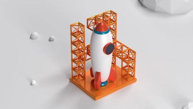 Space platform with ship on white planet