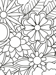Outline vector drawings of flowers for adult coloring books. Page of floral pattern in black and white