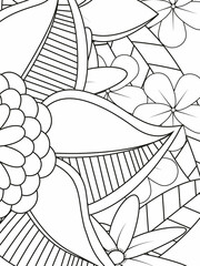 Outline vector drawings of flowers for adult coloring books. Page of floral pattern in black and white
