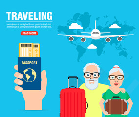 Traveling. Journey of grandparents concept design flat banner