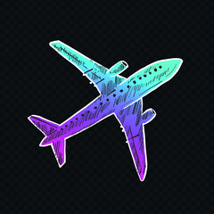 Vector Retro Hand Drawn Flying  Airplane Vintage Style Travel Plane  illustration isolated on Transparent background Glowing Neon Gradient  Transportation concept Design Element. Tourism, Holiday.