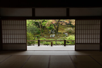 A beautiful Japanese garden with fresh green seen from the back of a Japanese-style guest room.    Arashiyama Kyoto Japan
